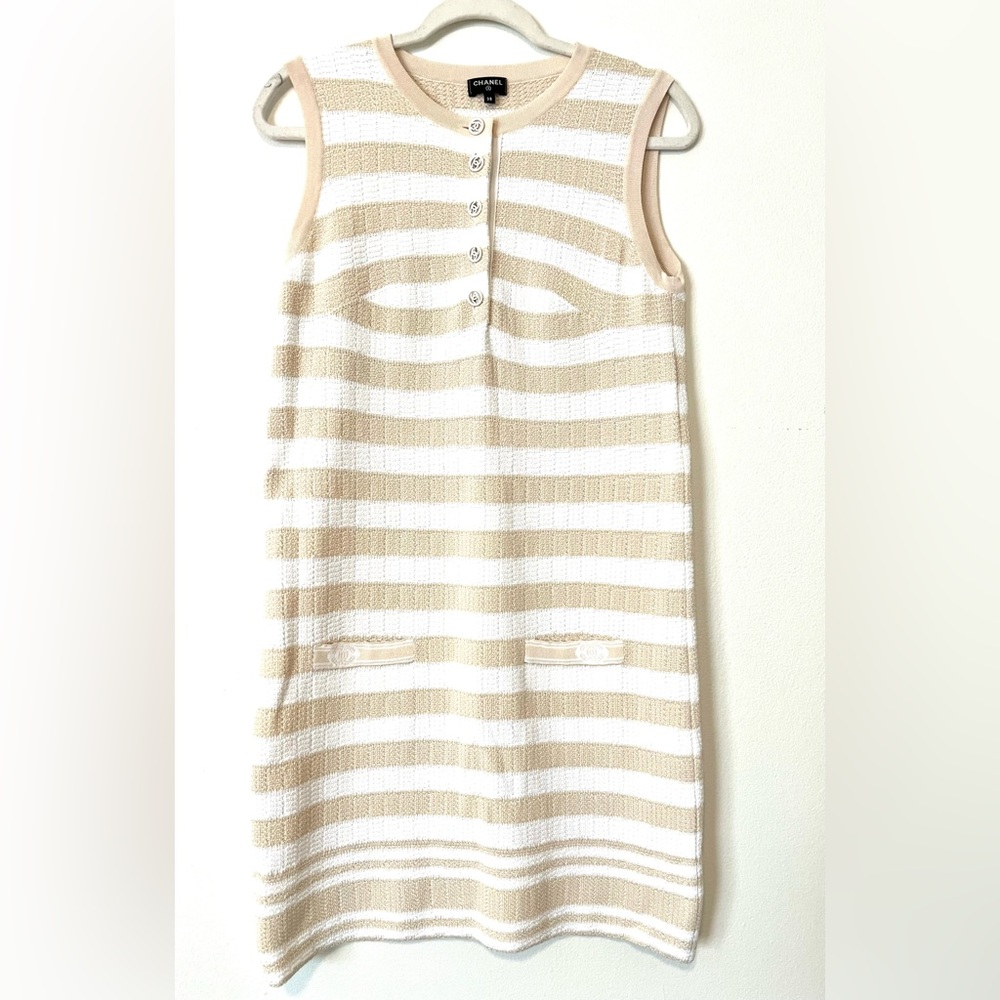 CHANEL Beige and White Striped Dress
